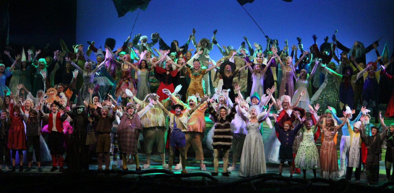 Ensemble fra Shrek The Musical i avslutningspositur med vaiende flagg i bakgrunnen.
